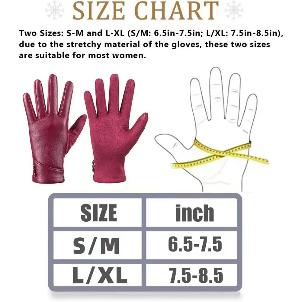 Women's Winter Leather Gloves Touch Screen Wool Lined Windproof Warm Suede Red